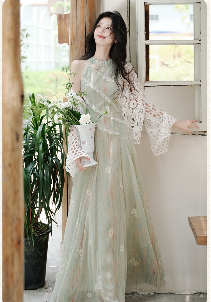 Slim floral vest France style sleeveless coat 2pcs set