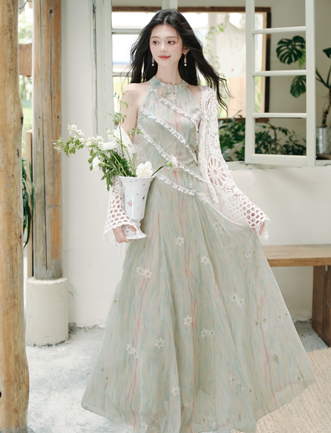 Slim floral vest France style sleeveless coat 2pcs set