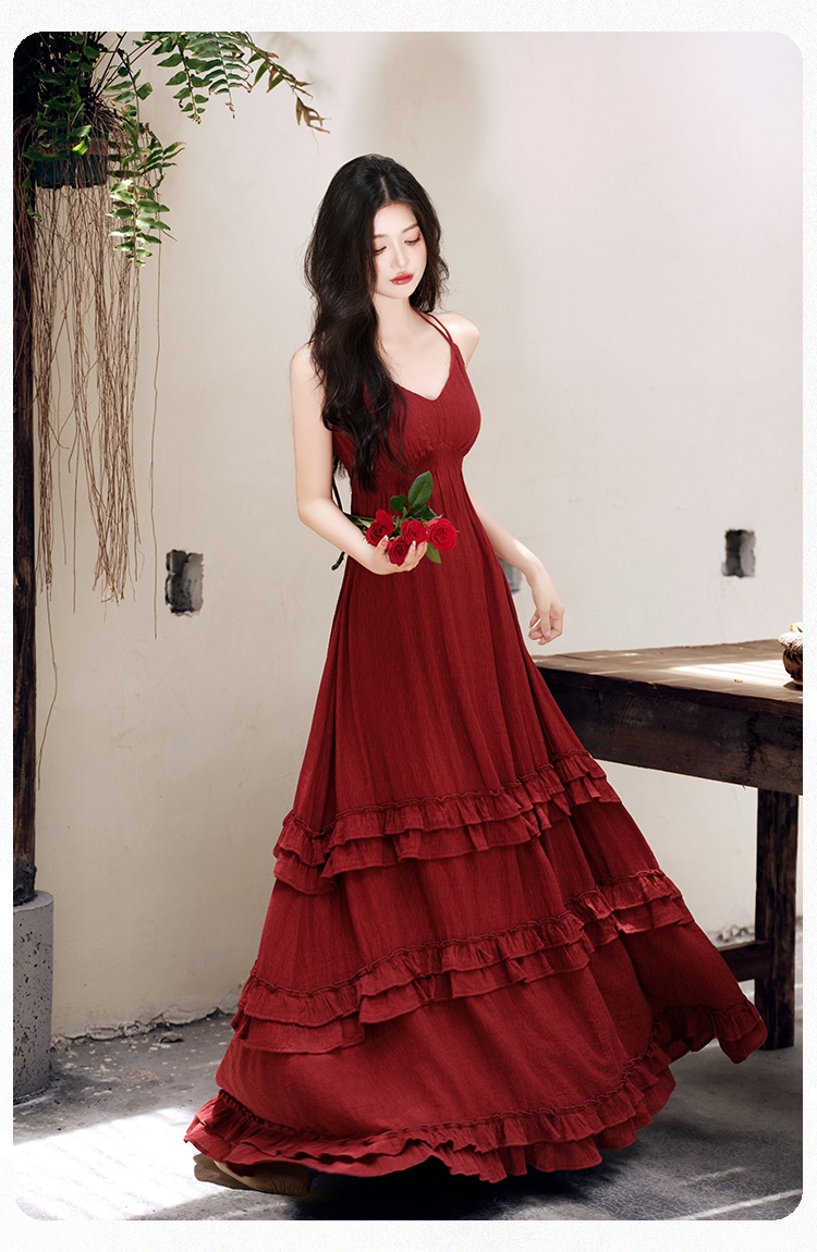 Vacation France style maiden red sandy beach slim dress