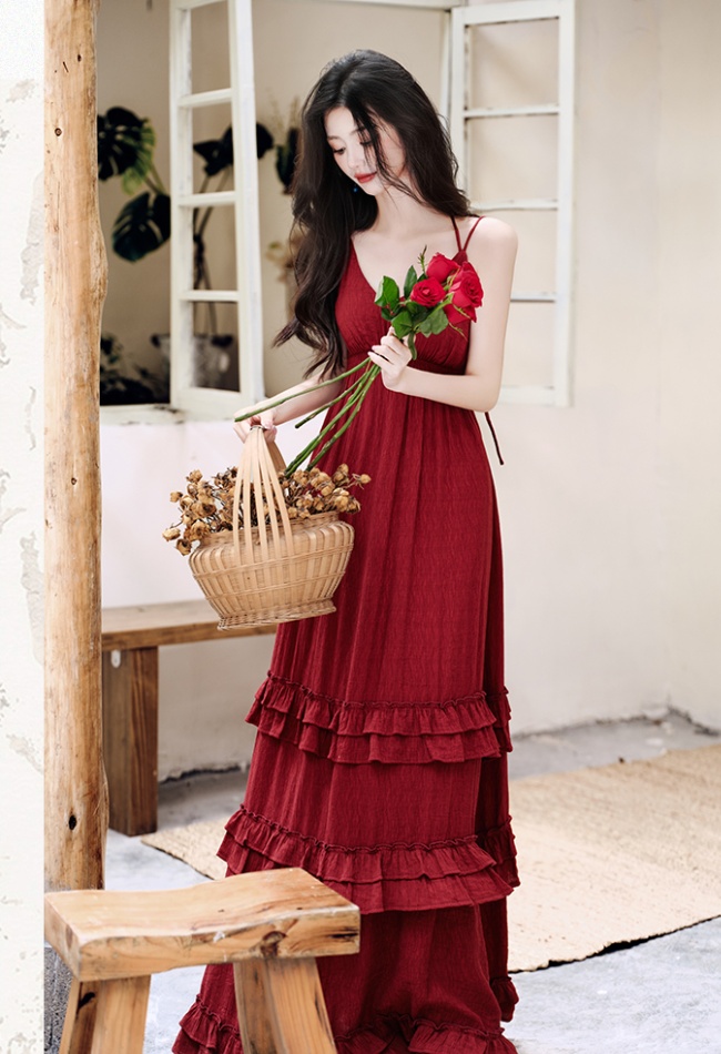 Vacation France style maiden red sandy beach slim dress