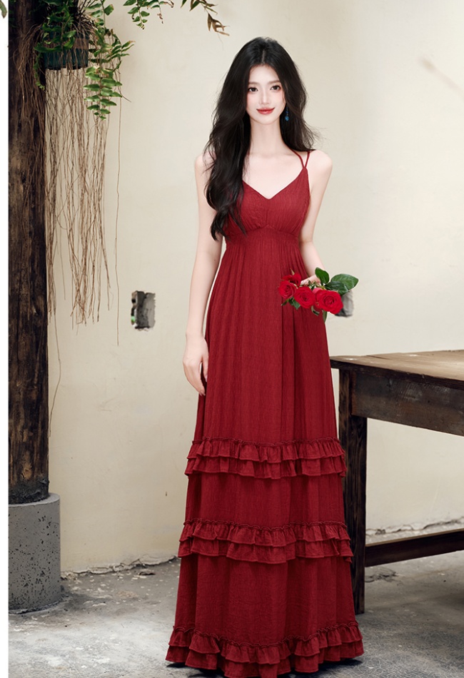 Vacation France style maiden red sandy beach slim dress