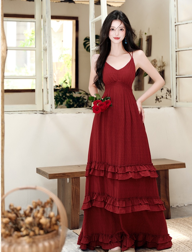 Vacation France style maiden red sandy beach slim dress