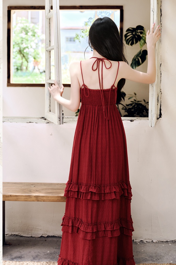 Vacation France style maiden red sandy beach slim dress
