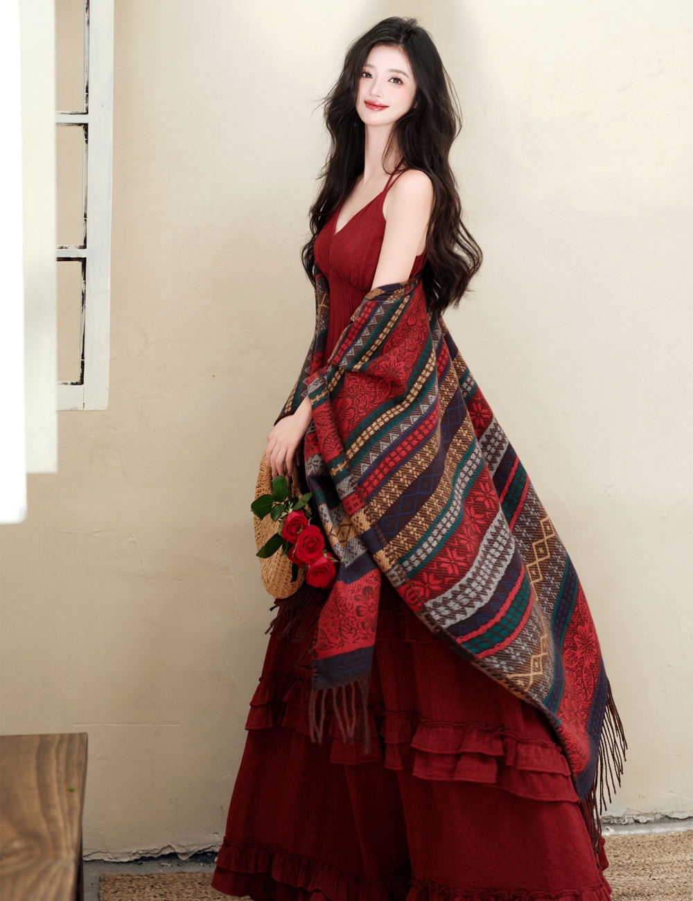 Vacation sandy beach dress was white slim shawl a set