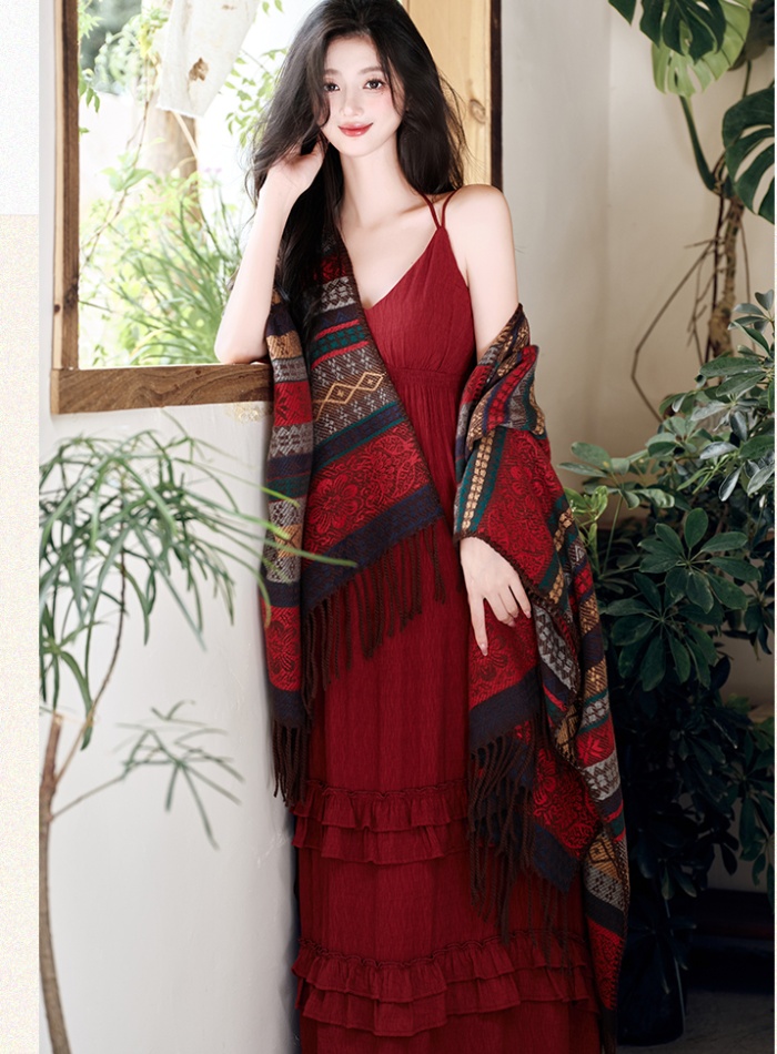 Vacation sandy beach dress was white slim shawl a set