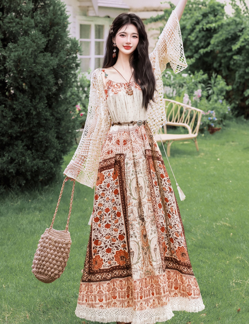 Seaside crochet coat France style vacation dress a set