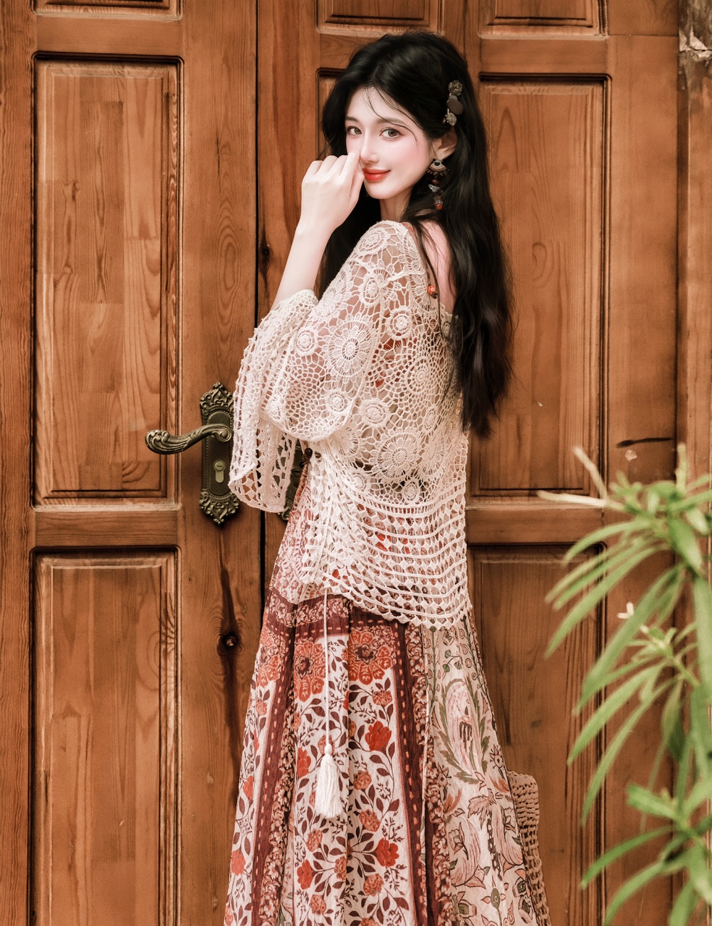 Seaside crochet coat France style vacation dress a set