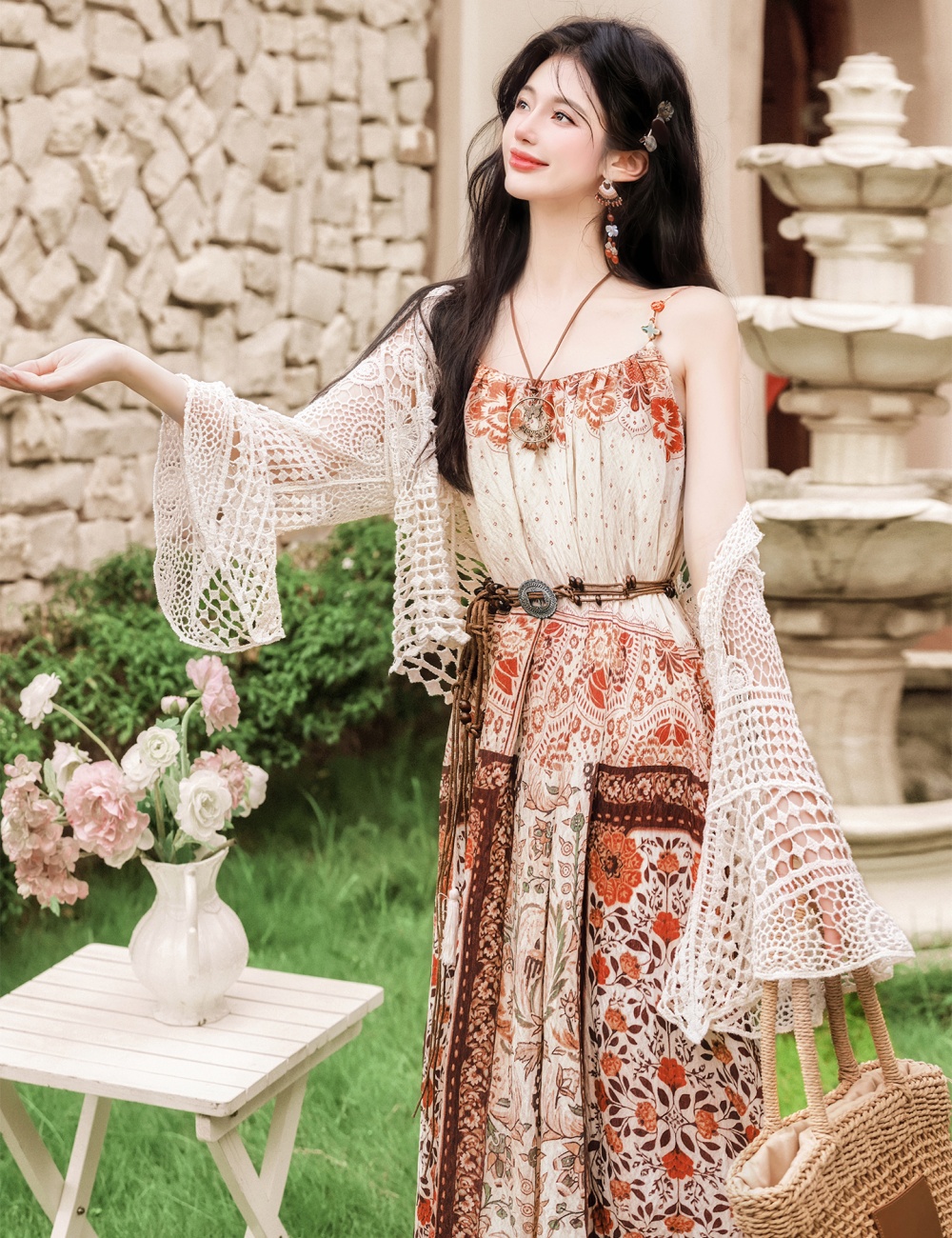Seaside crochet coat France style vacation dress a set