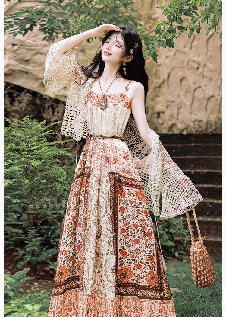 Seaside crochet coat France style vacation dress a set