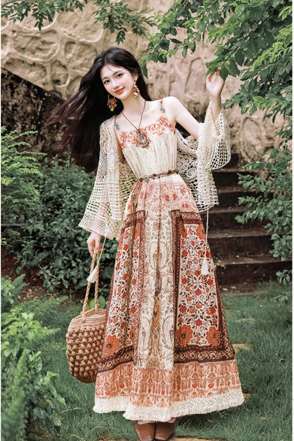 Seaside crochet coat France style vacation dress a set