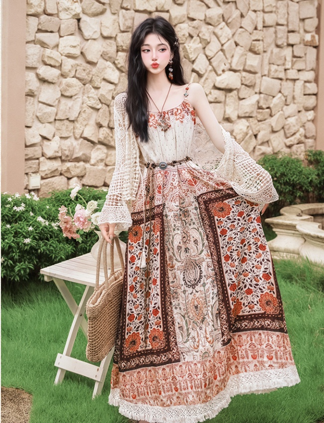 Seaside crochet coat France style vacation dress a set