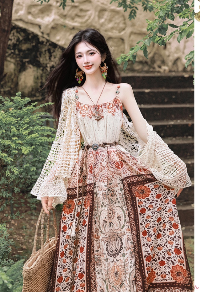Seaside crochet coat France style vacation dress a set