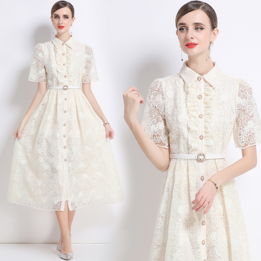Embroidery shirt collar with belt pinched waist dress