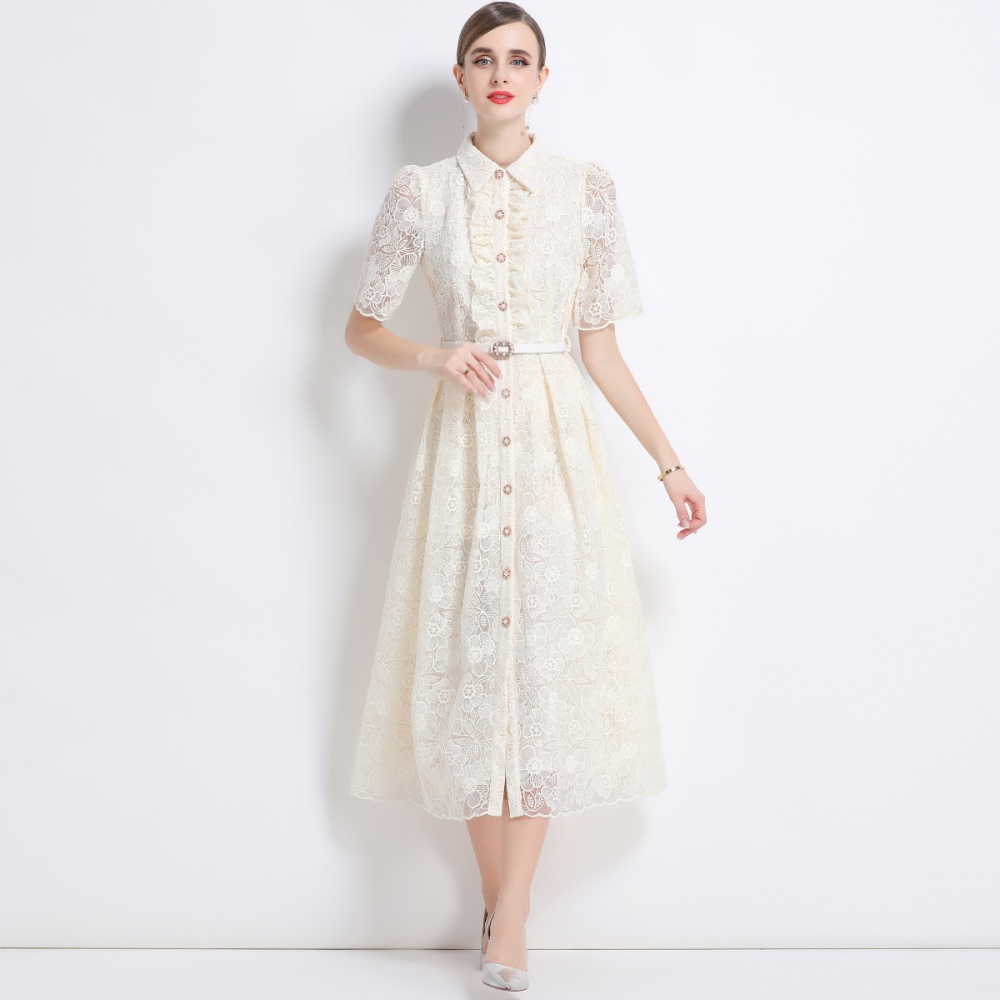 Embroidery shirt collar with belt pinched waist dress