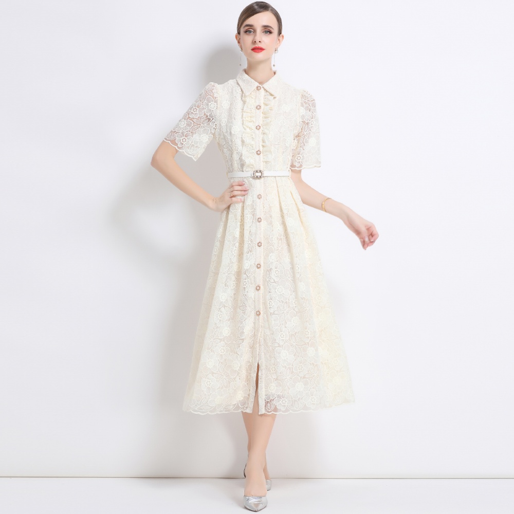 Embroidery shirt collar with belt pinched waist dress