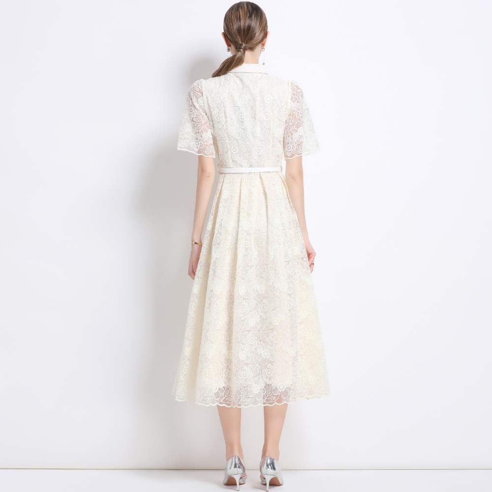 Embroidery shirt collar with belt pinched waist dress