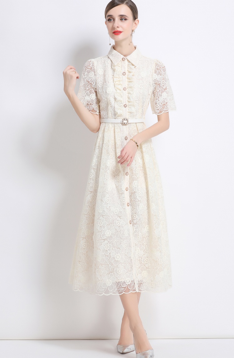 Embroidery shirt collar with belt pinched waist dress