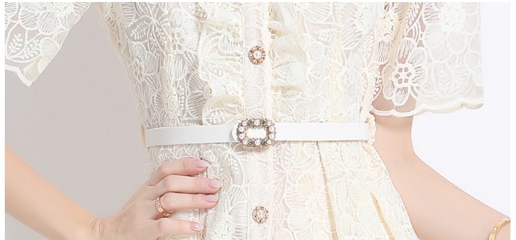 Embroidery shirt collar with belt pinched waist dress