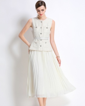 Pleated chiffon France style long dress splice sleeveless dress