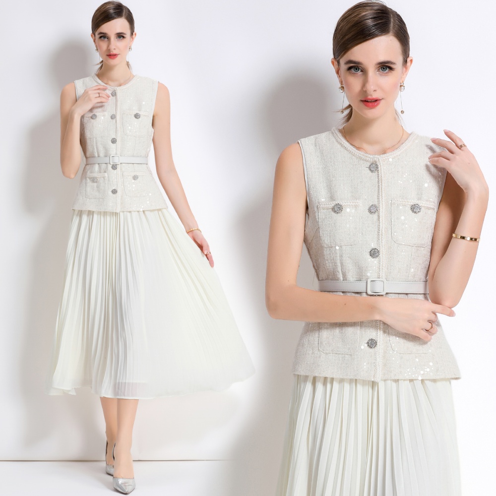 Pleated chiffon France style long dress splice sleeveless dress