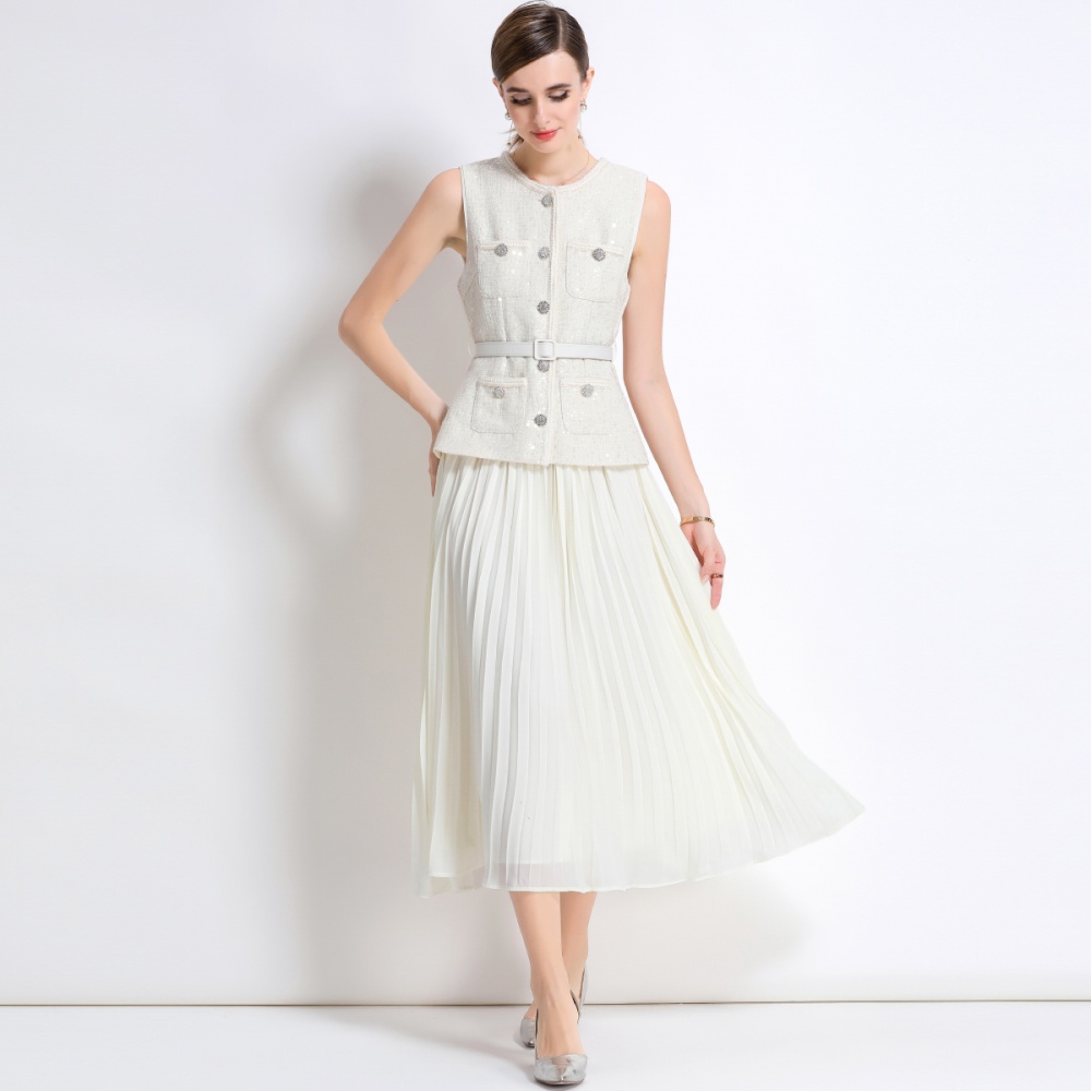 Pleated chiffon France style long dress splice sleeveless dress