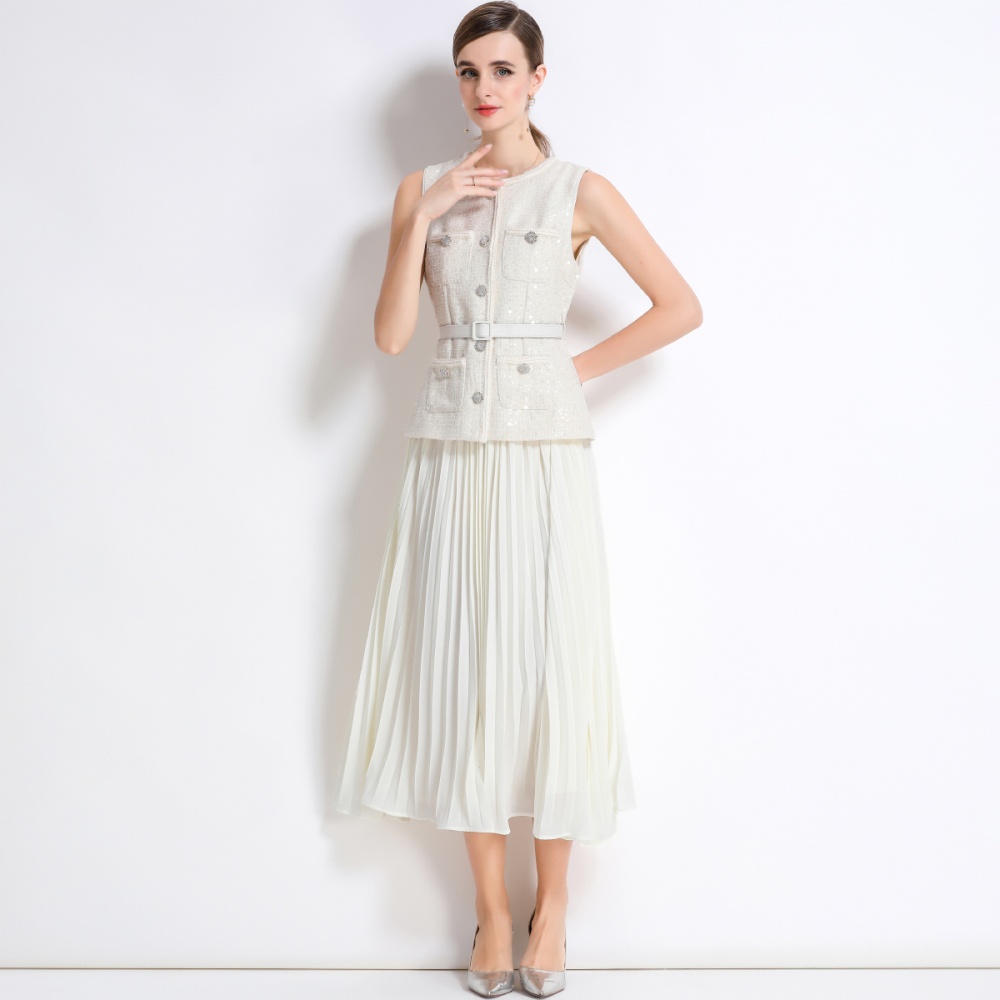 Pleated chiffon France style long dress splice sleeveless dress