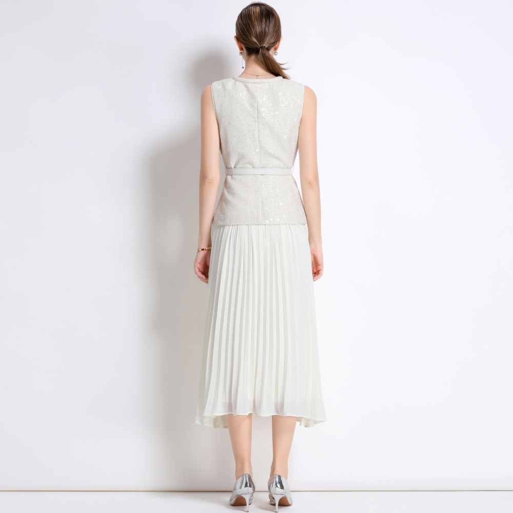 Pleated chiffon France style long dress splice sleeveless dress