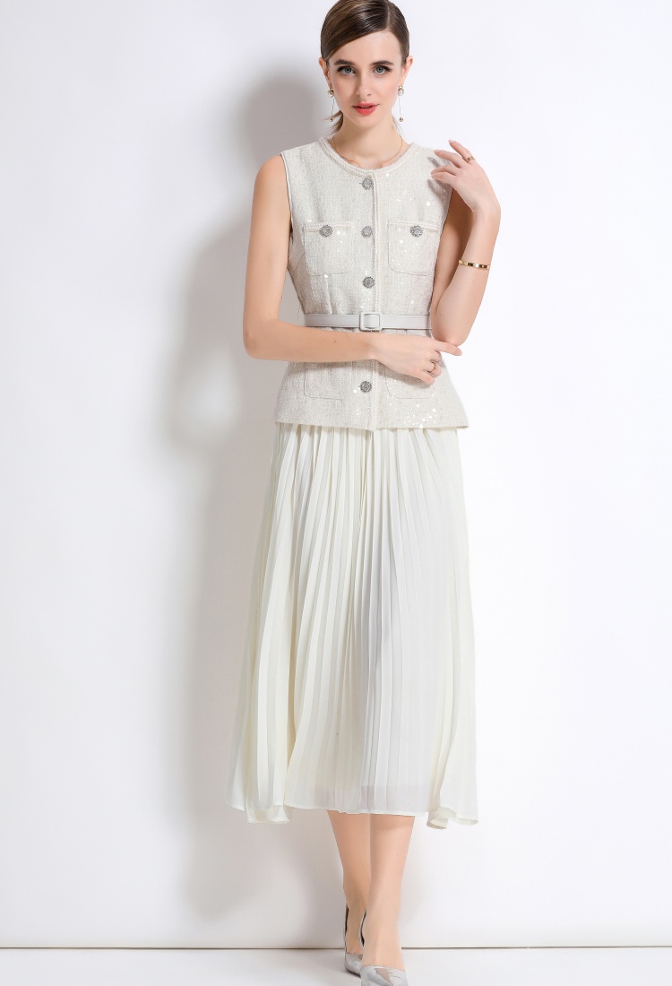 Pleated chiffon France style long dress splice sleeveless dress