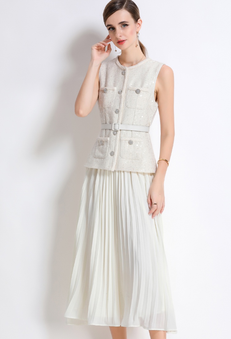 Pleated chiffon France style long dress splice sleeveless dress