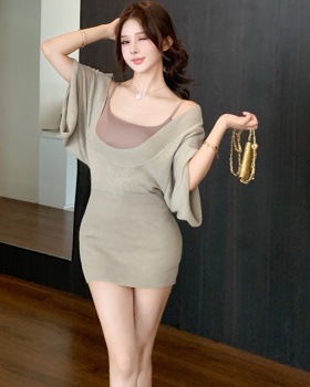 Wool sweetheart knitted smock bat sleeve U-neck vest a set