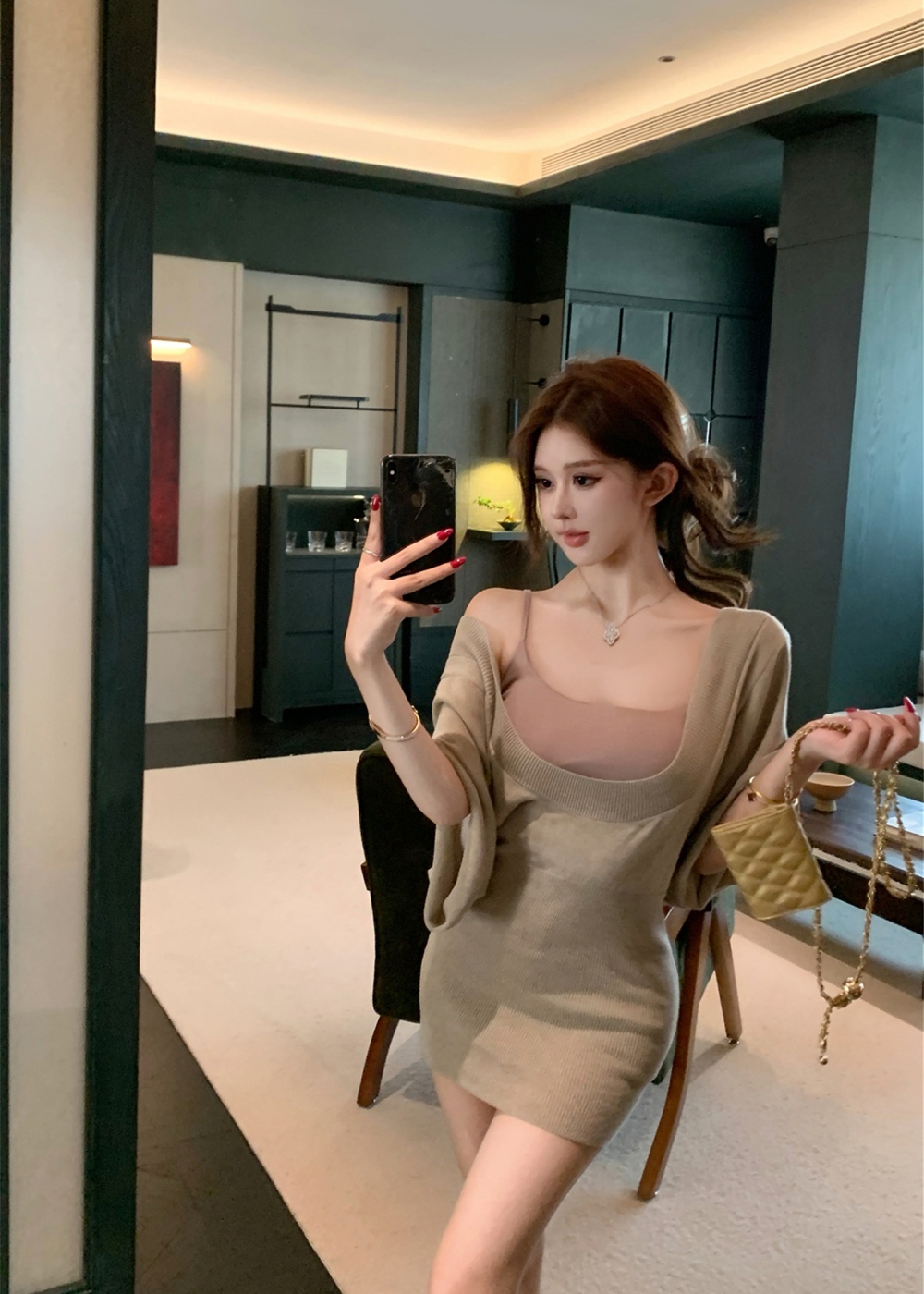 Wool sweetheart knitted smock bat sleeve U-neck vest a set