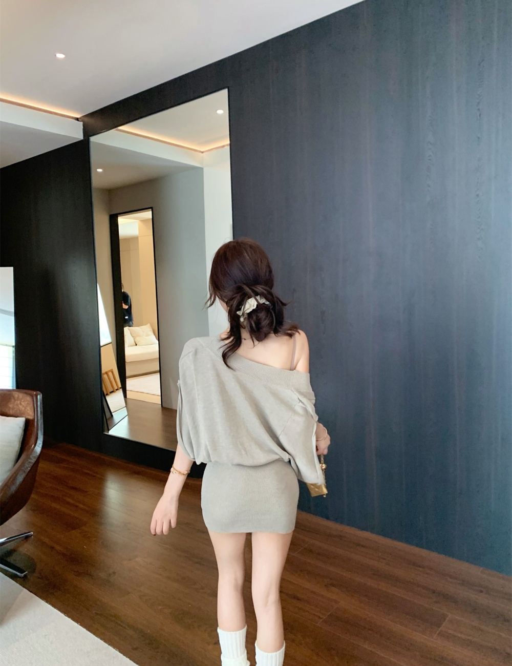 Wool sweetheart knitted smock bat sleeve U-neck vest a set
