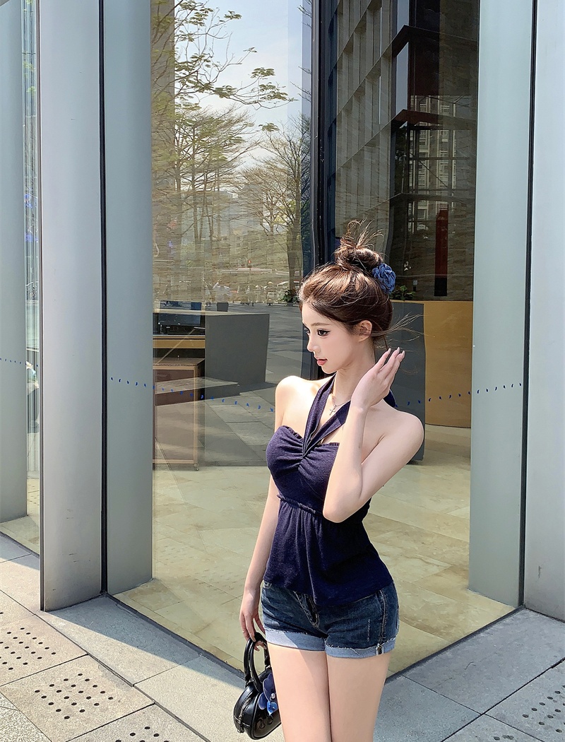 Spring and summer slim pinched waist bow tops