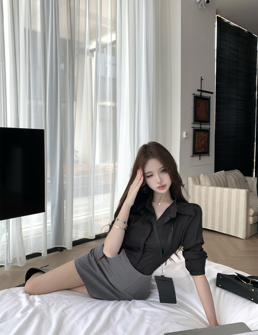 Enticement vase shirt autumn long sleeve skirt a set for women