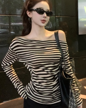 Korean style autumn unique shirts stripe strapless T-shirt