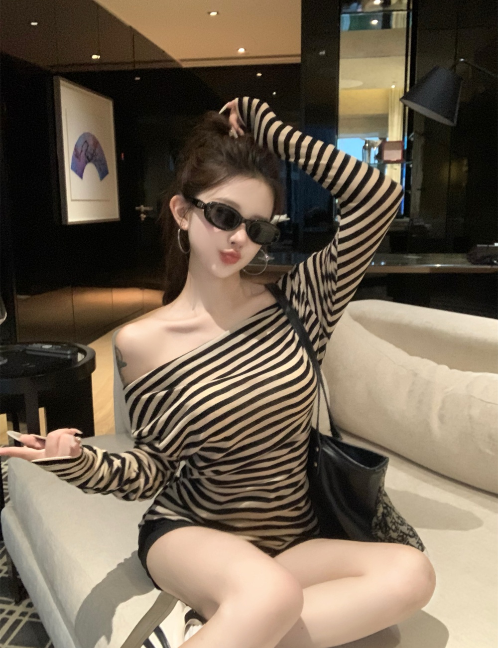 Korean style autumn unique shirts stripe strapless T-shirt