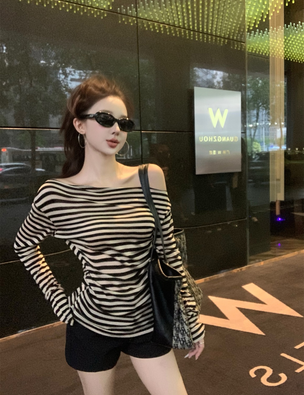 Korean style autumn unique shirts stripe strapless T-shirt
