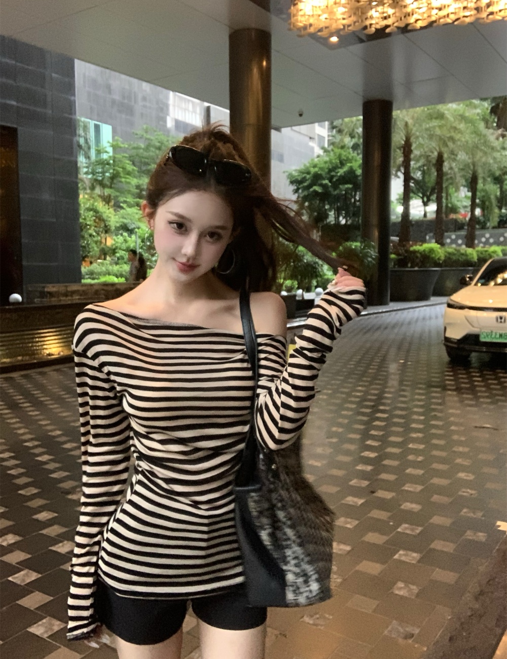 Korean style autumn unique shirts stripe strapless T-shirt