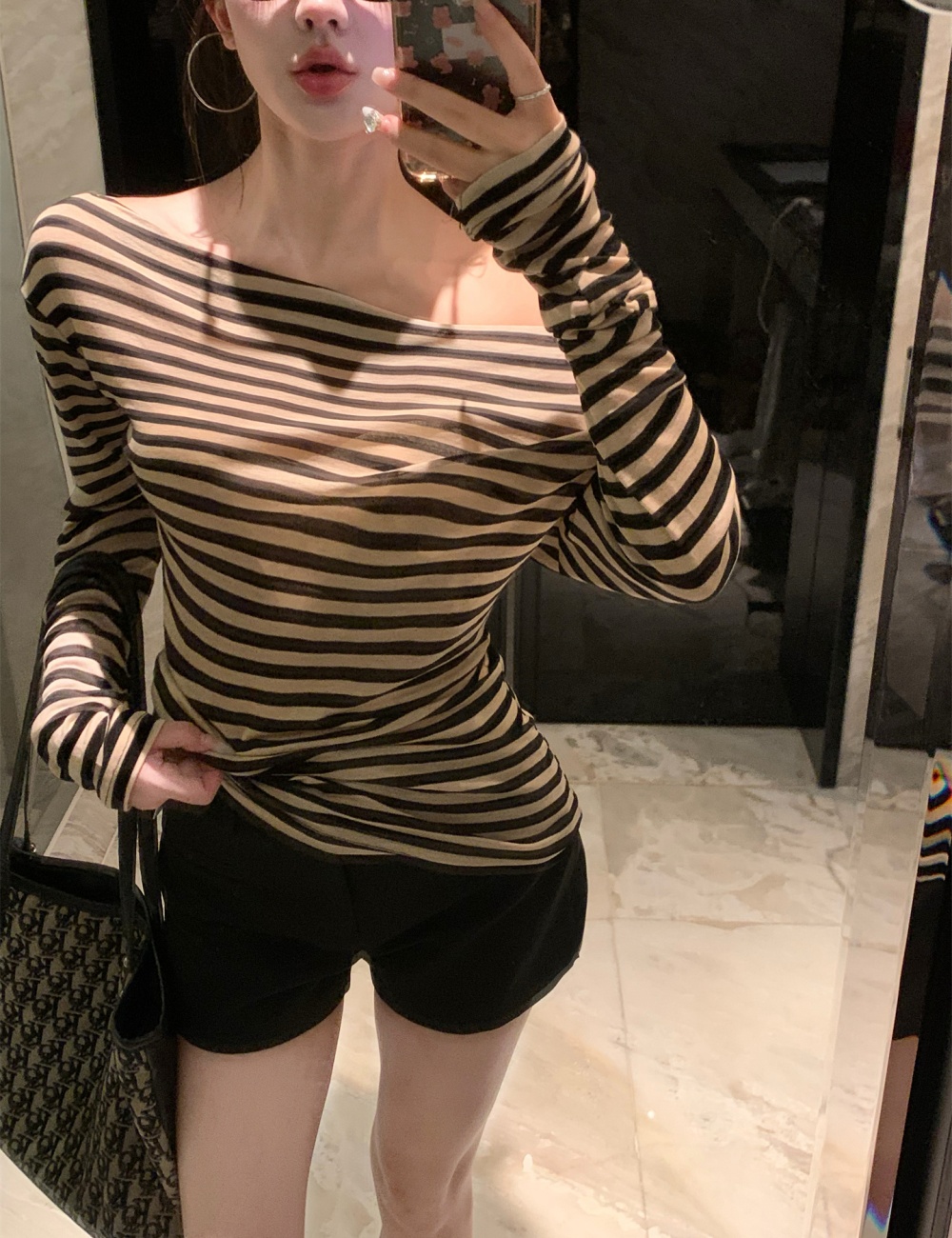 Korean style autumn unique shirts stripe strapless T-shirt