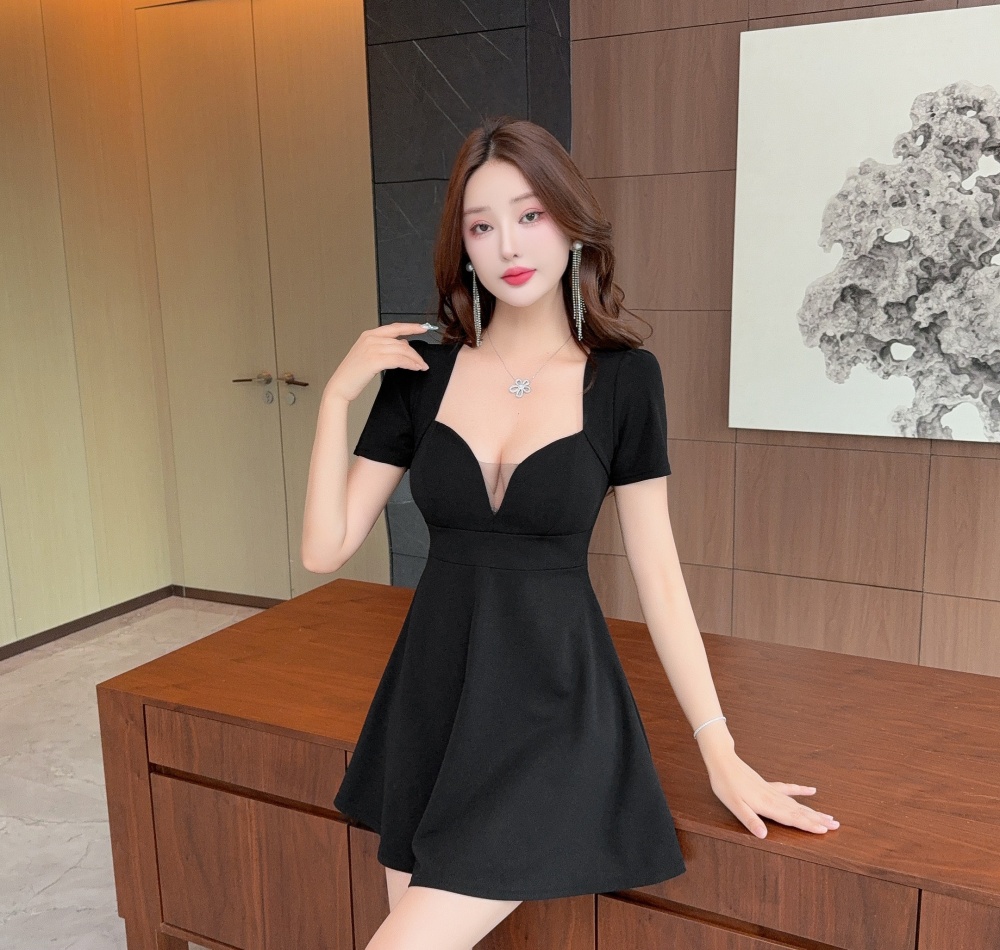 Gauze low-cut pinched waist short sleeve sexy big skirt dress