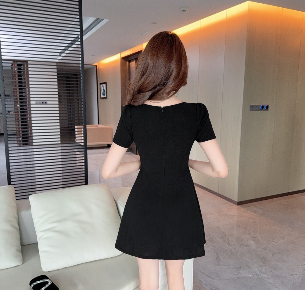 Gauze low-cut pinched waist short sleeve sexy big skirt dress