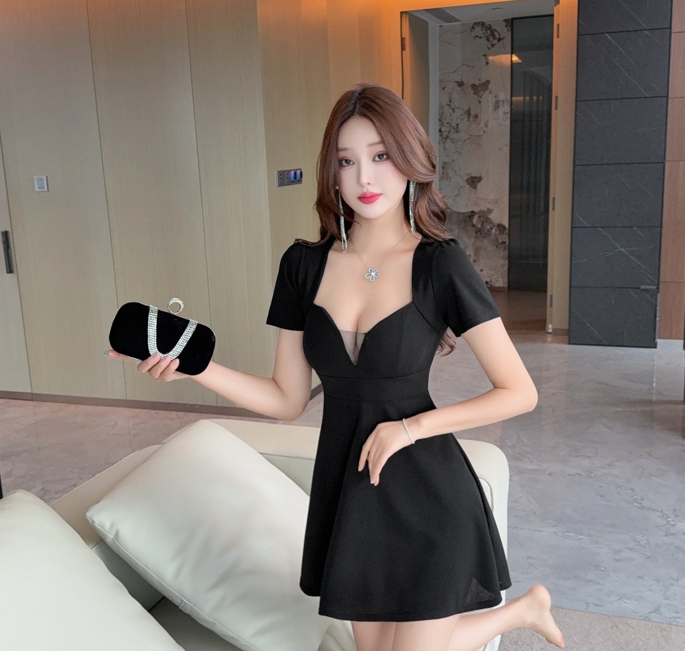 Gauze low-cut pinched waist short sleeve sexy big skirt dress