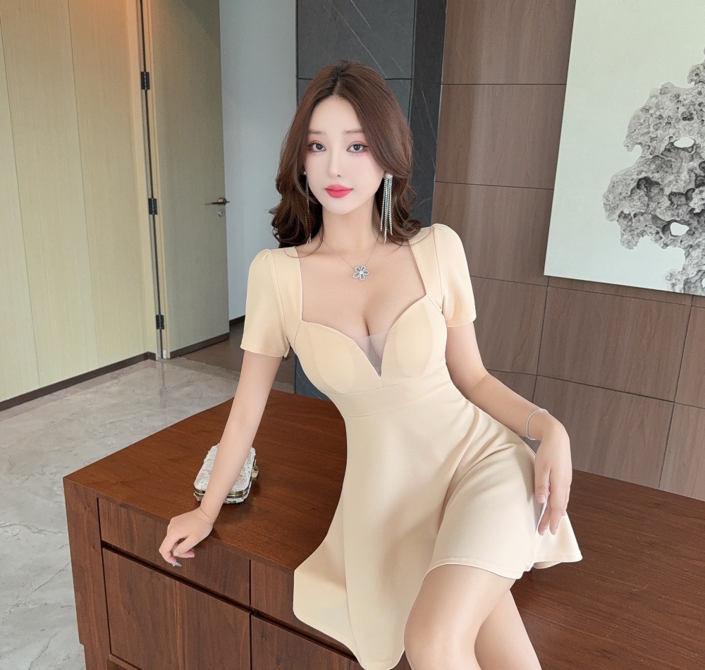 Gauze low-cut pinched waist short sleeve sexy big skirt dress