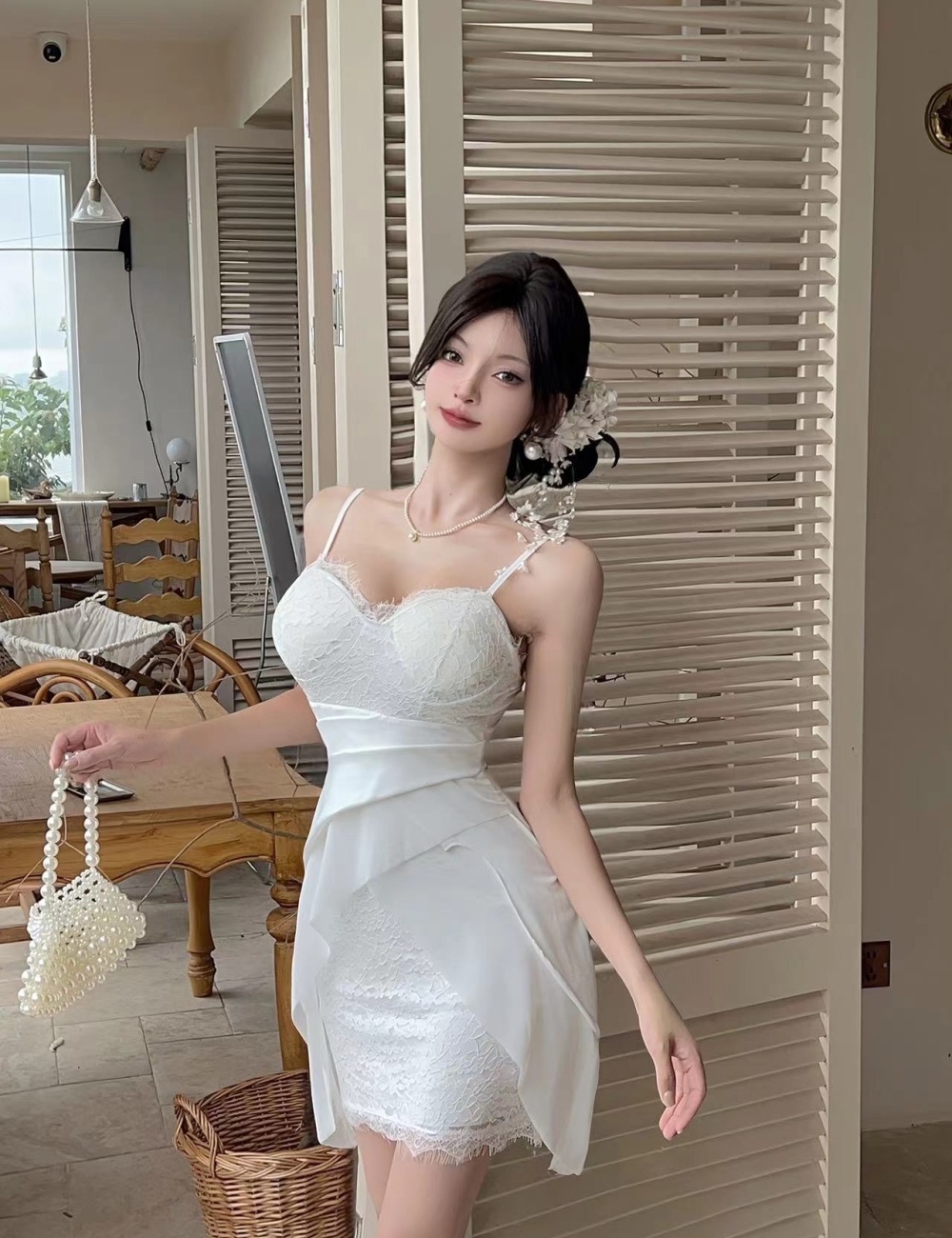 Irregular sling sexy splice gauze dress