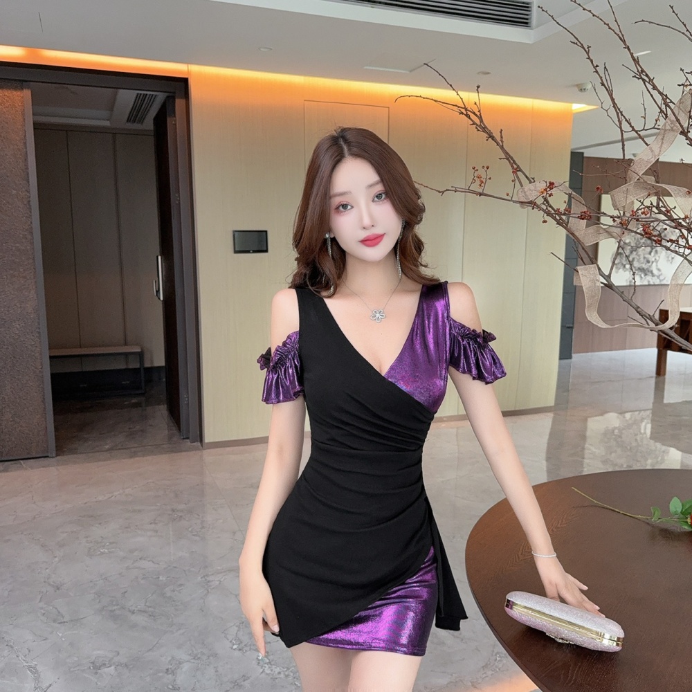Sexy short sleeve mixed colors package hip metal dress