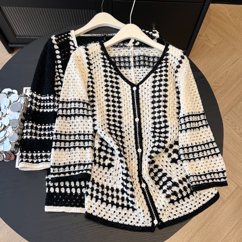 Knitted mixed colors cardigan summer V-neck smock for women