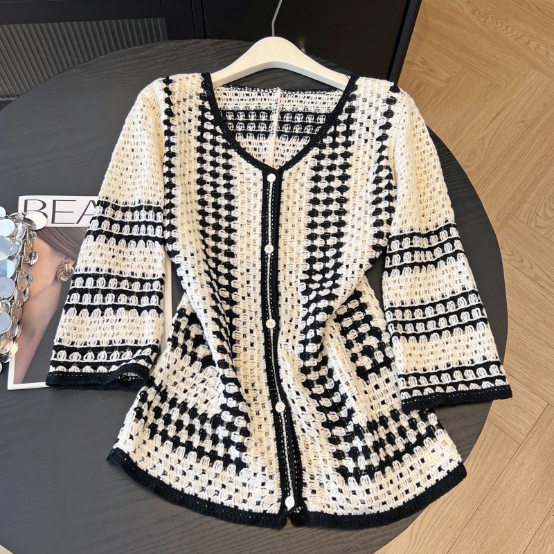 Knitted mixed colors cardigan summer V-neck smock for women
