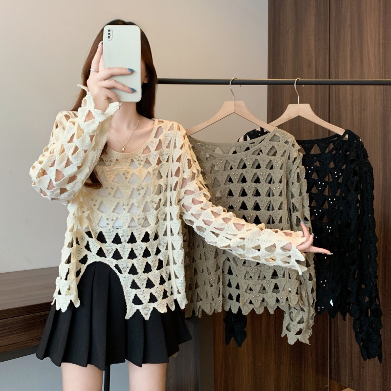 Long sleeve large yard autumn smock pearl short crochet tops