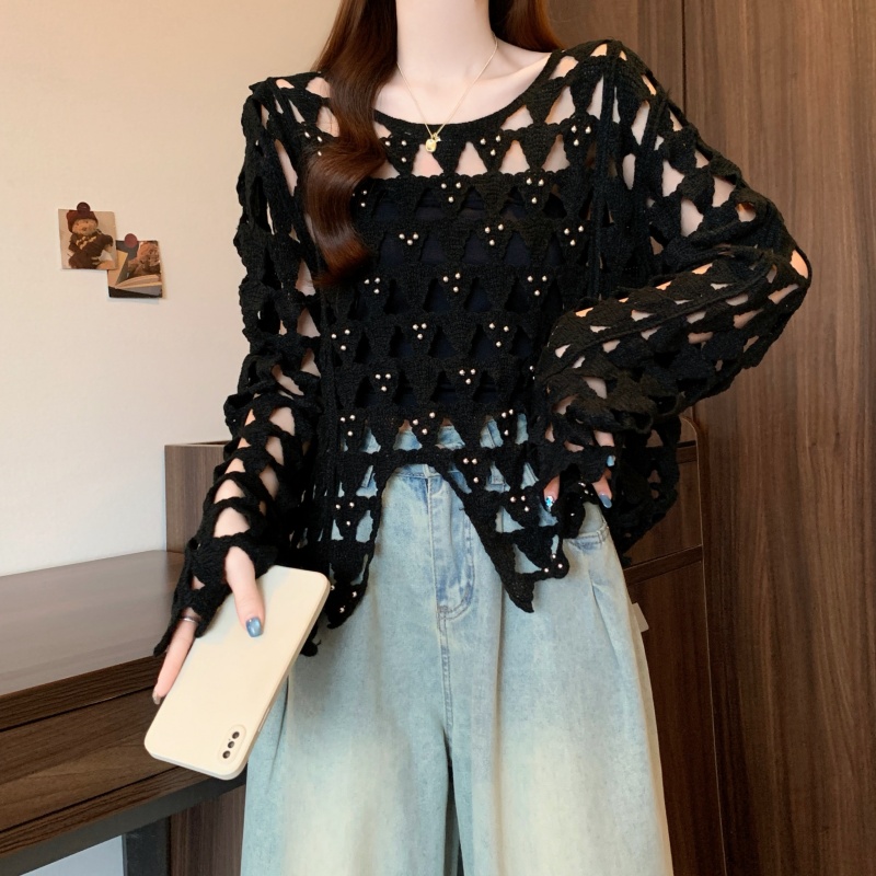 Long sleeve large yard autumn smock pearl short crochet tops