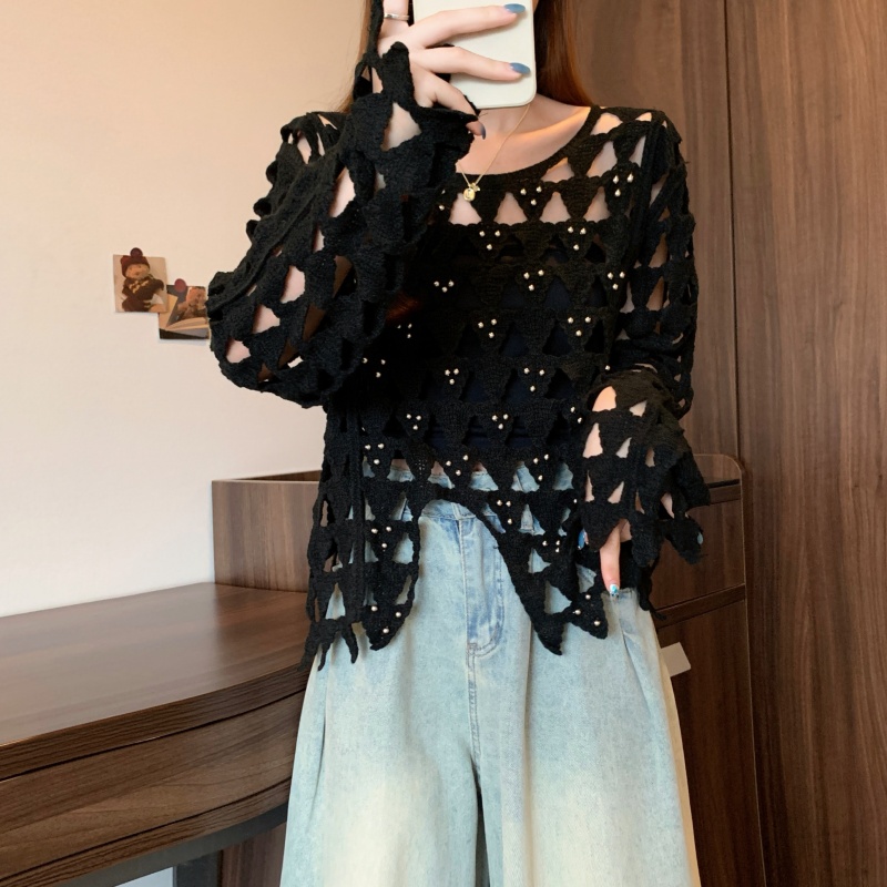 Long sleeve large yard autumn smock pearl short crochet tops